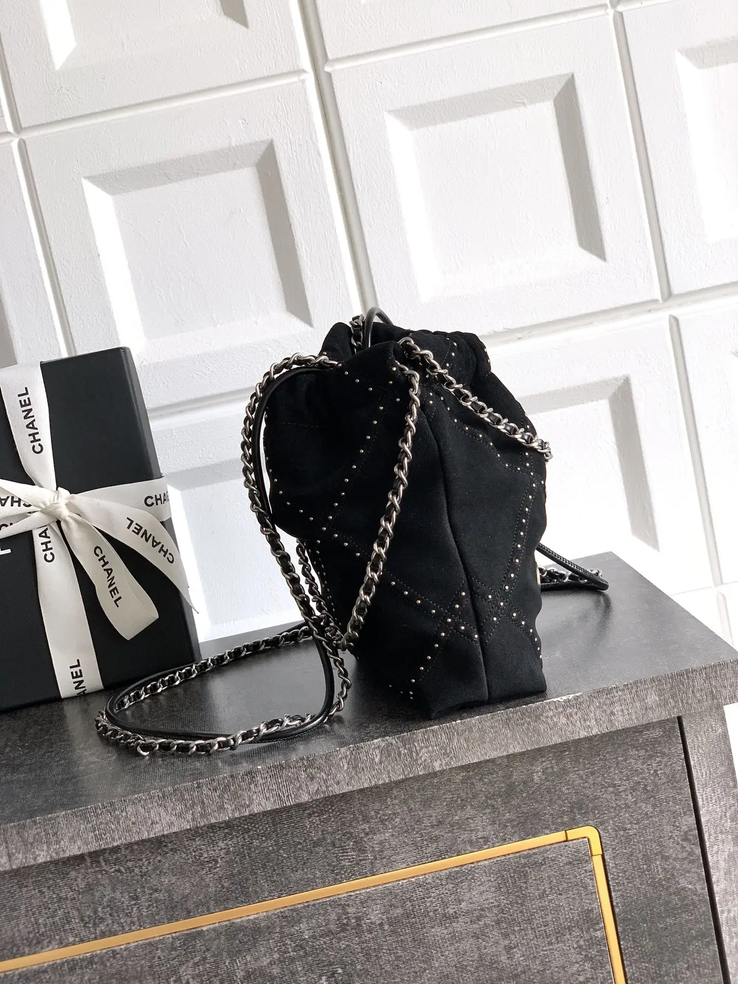 Chanel Small 22 Bag Suede with Studs Black