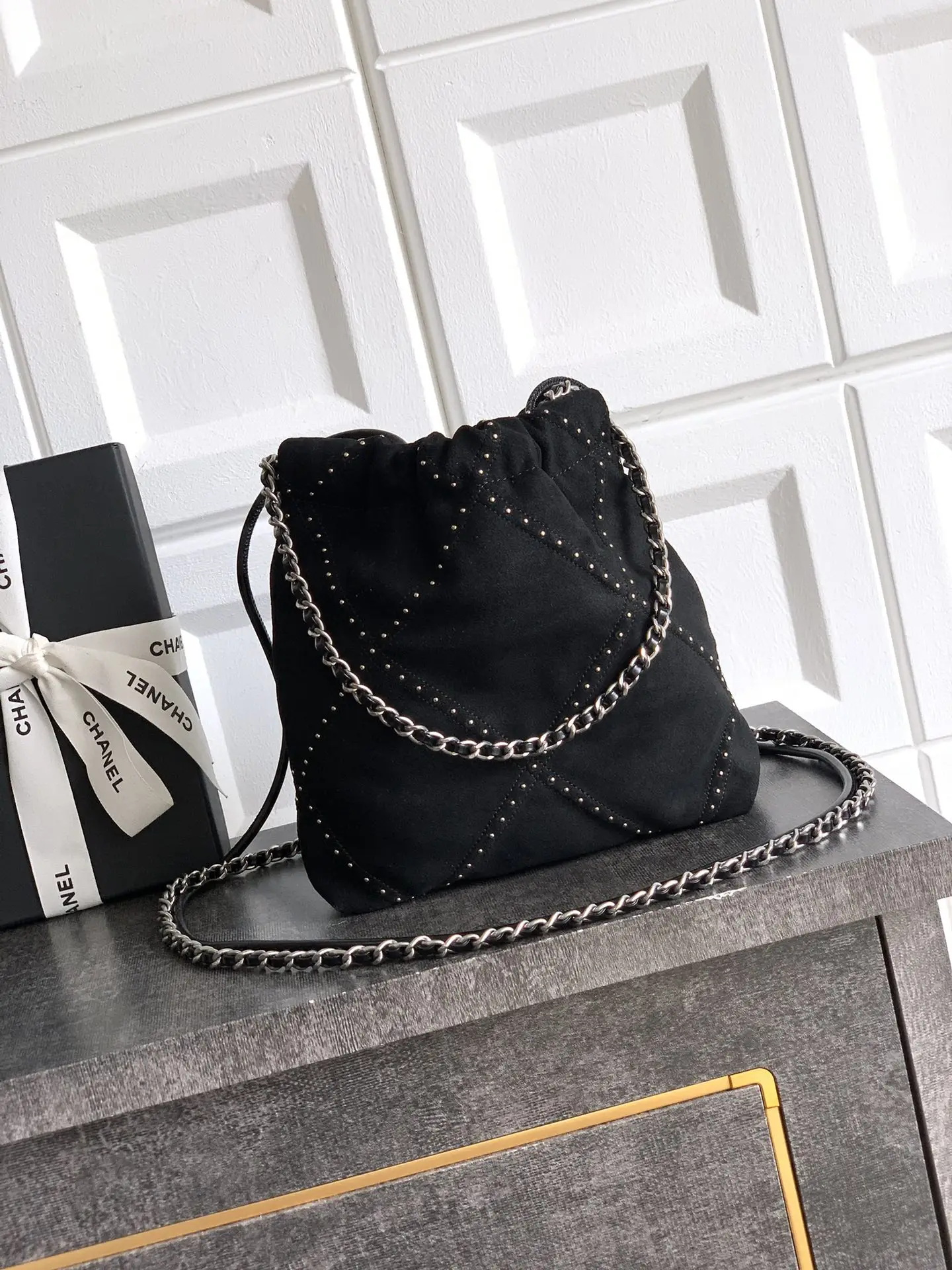 Chanel Small 22 Bag Suede with Studs Black