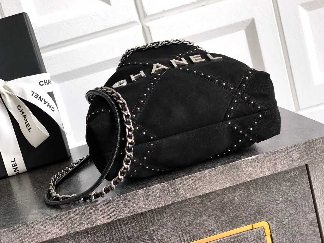 Chanel Small 22 Bag Suede with Studs Black