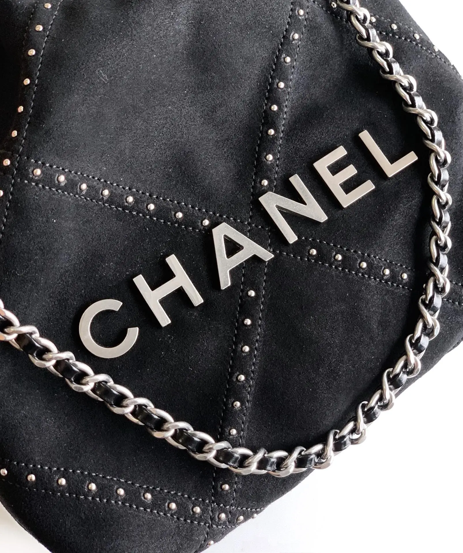 Chanel Small 22 Bag Suede with Studs Black