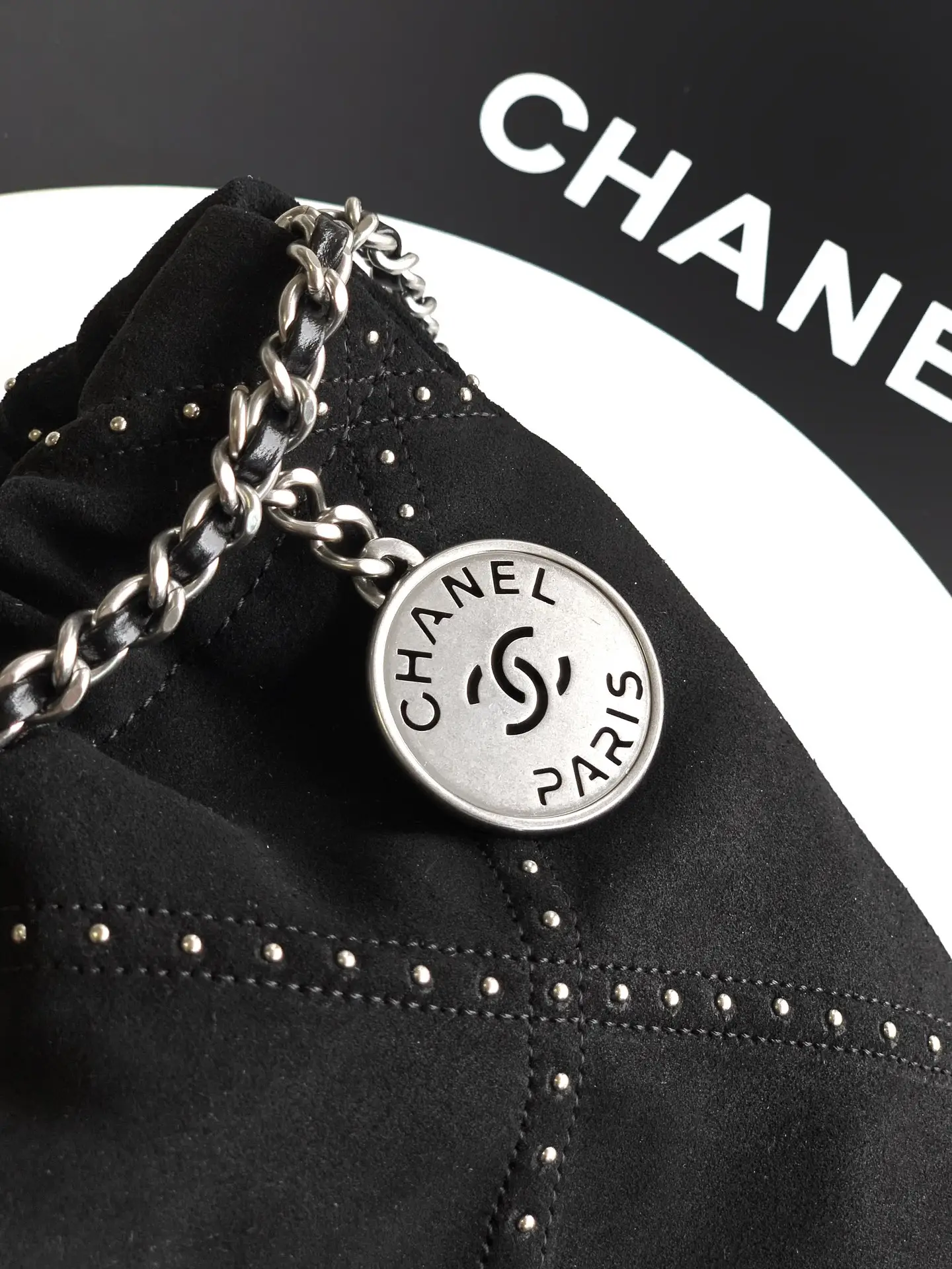 Chanel Small 22 Bag Suede with Studs Black