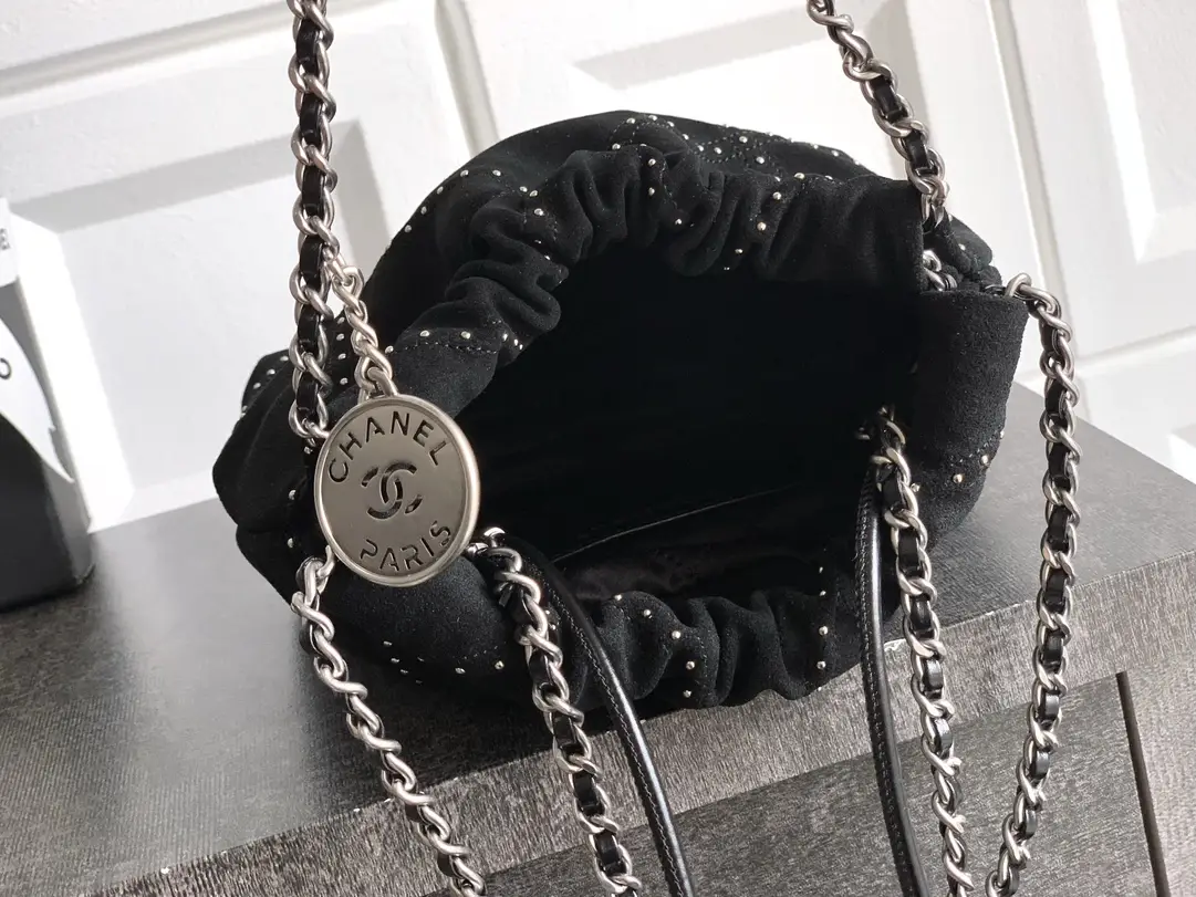 Chanel Small 22 Bag Suede with Studs Black