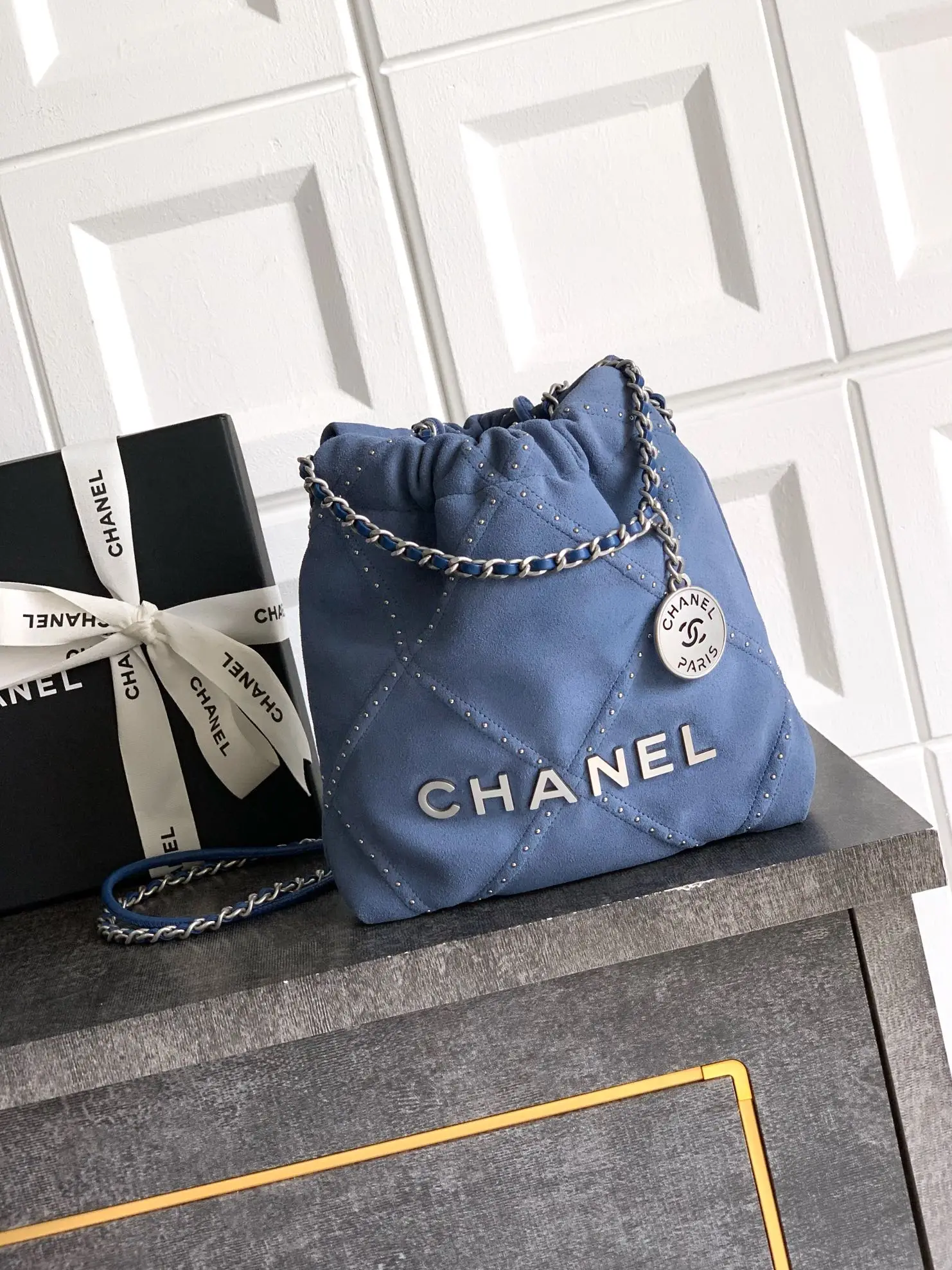 Chanel Small 22 Bag Suede with Studs Blue