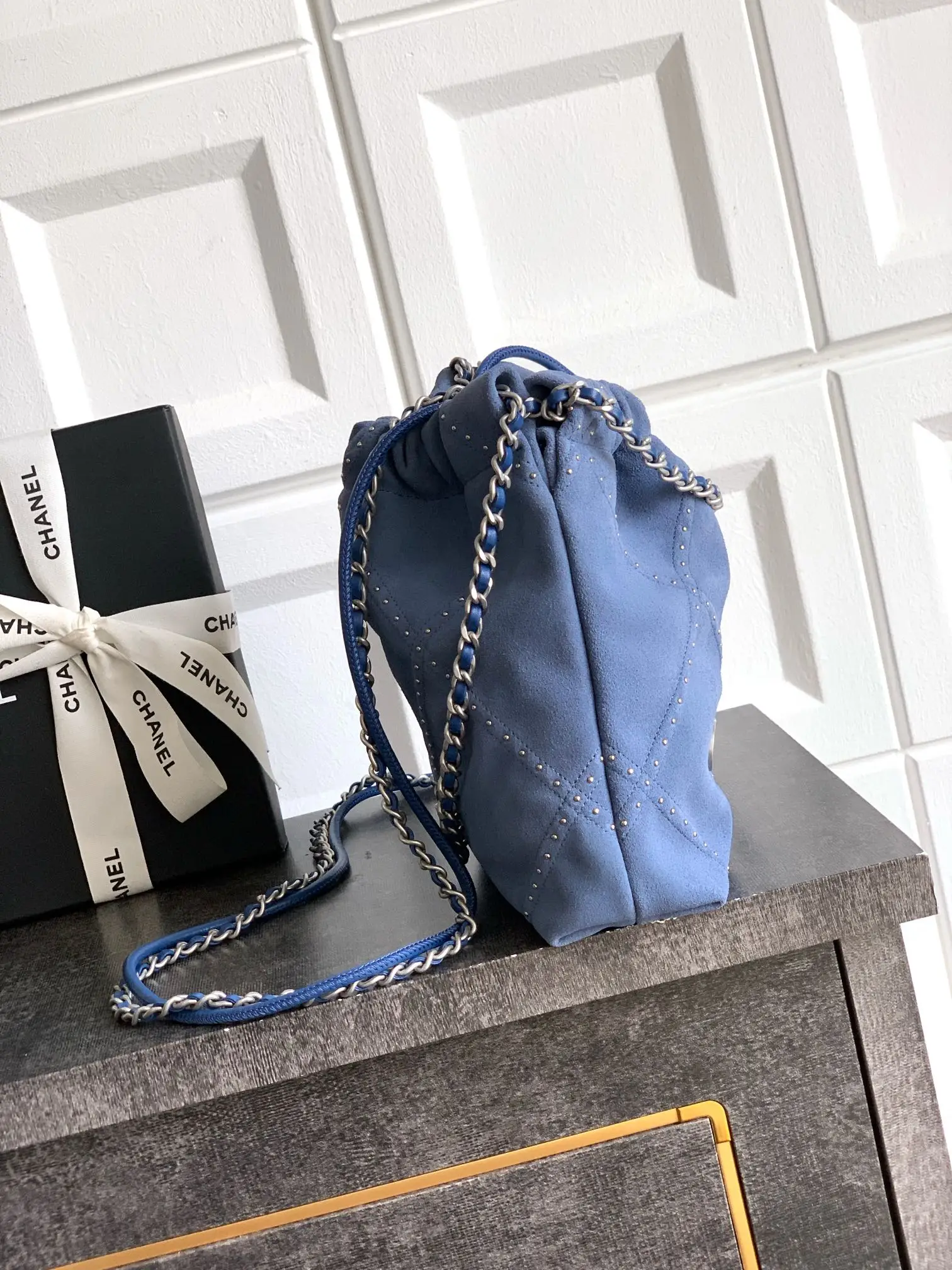 Chanel Small 22 Bag Suede with Studs Blue