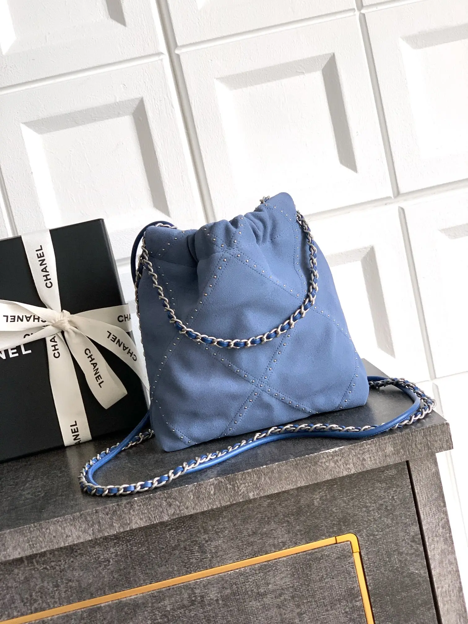 Chanel Small 22 Bag Suede with Studs Blue