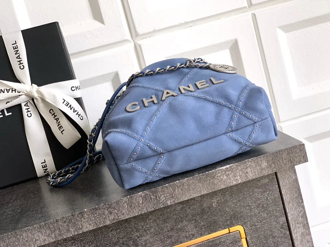 Chanel Small 22 Bag Suede with Studs Blue