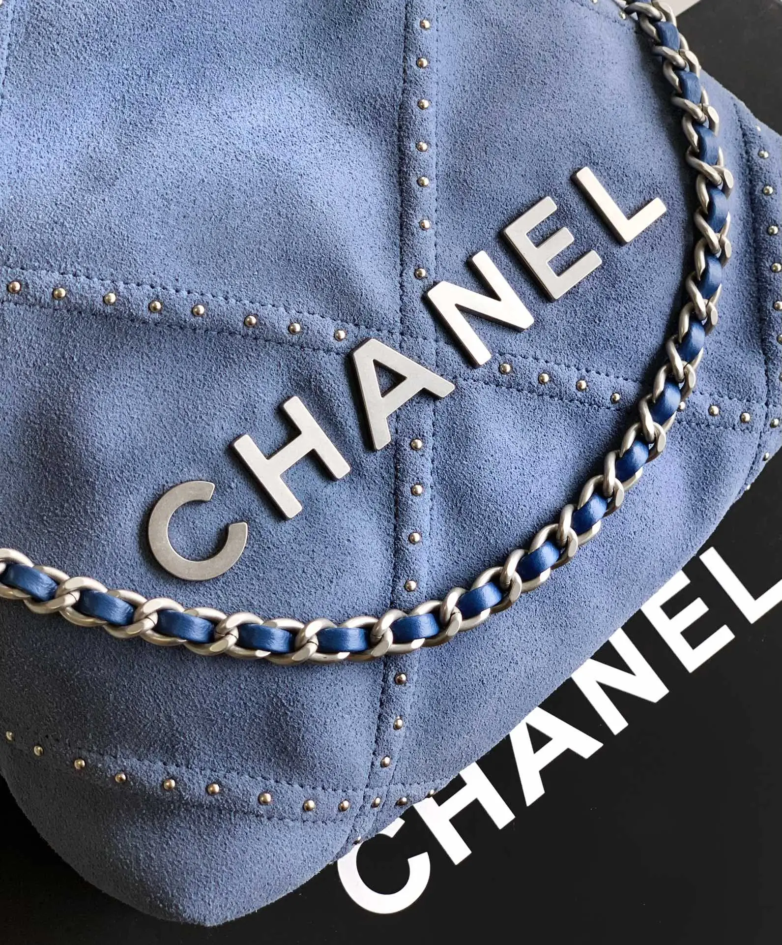 Chanel Small 22 Bag Suede with Studs Blue