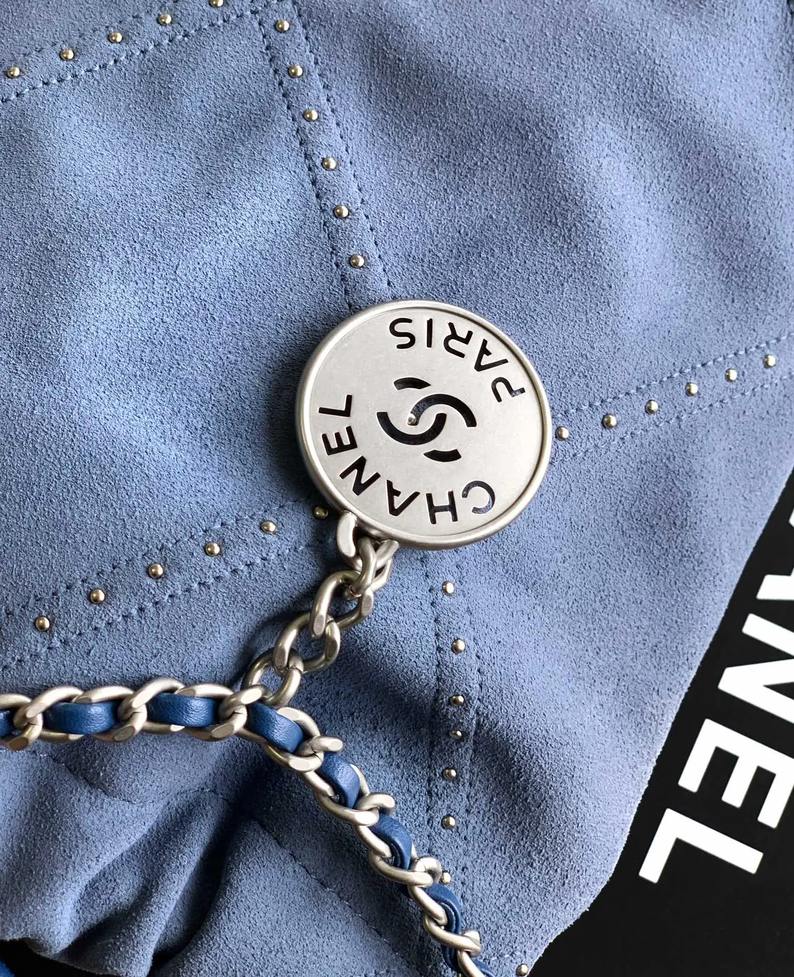 Chanel Small 22 Bag Suede with Studs Blue