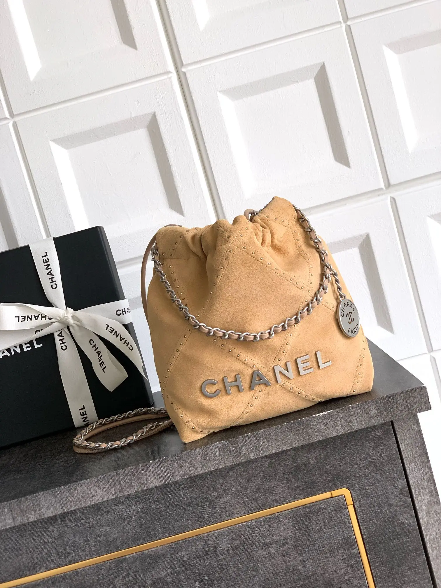 Chanel Small 22 Bag Suede with Studs Brown