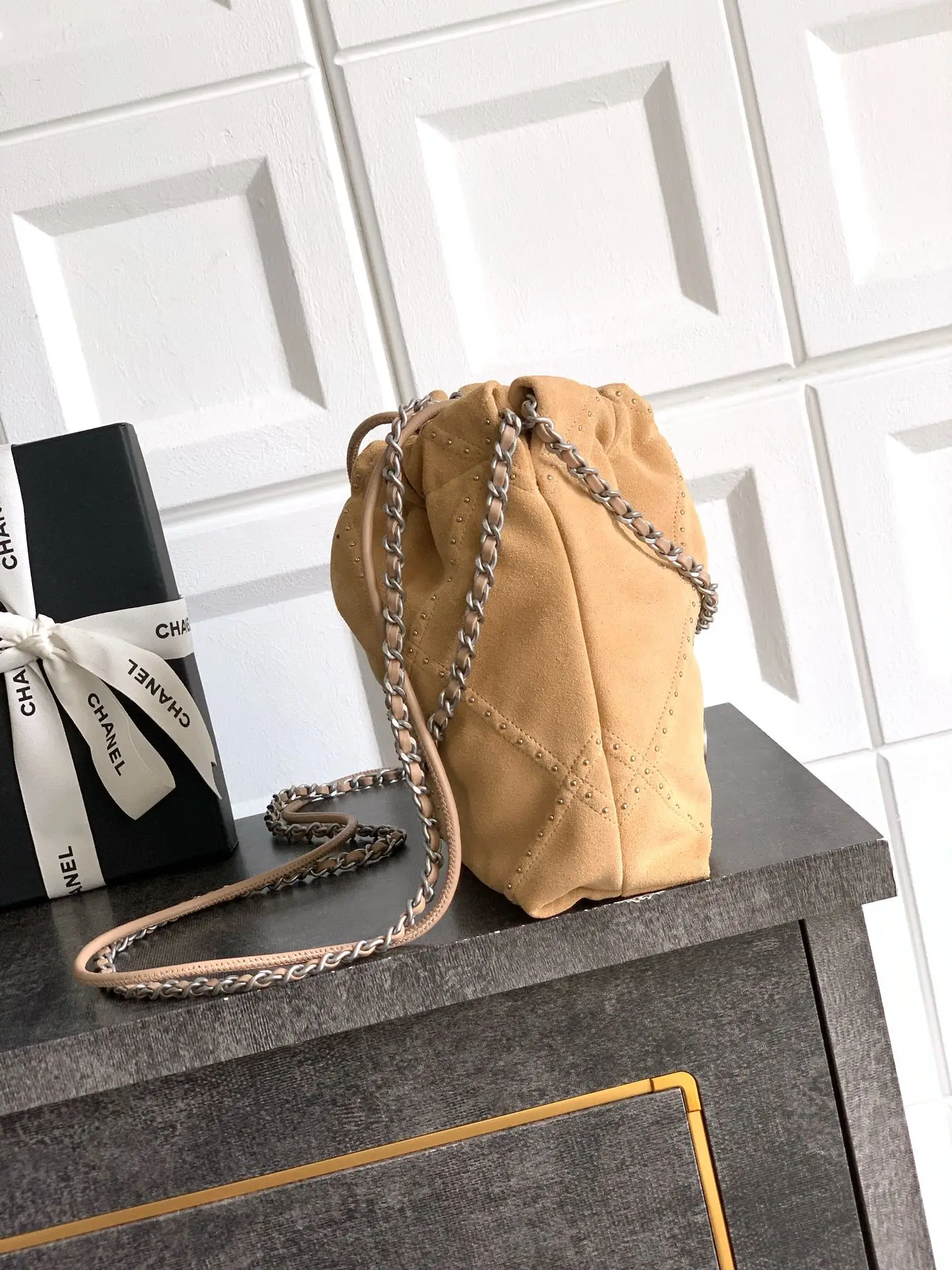 Chanel Small 22 Bag Suede with Studs Brown