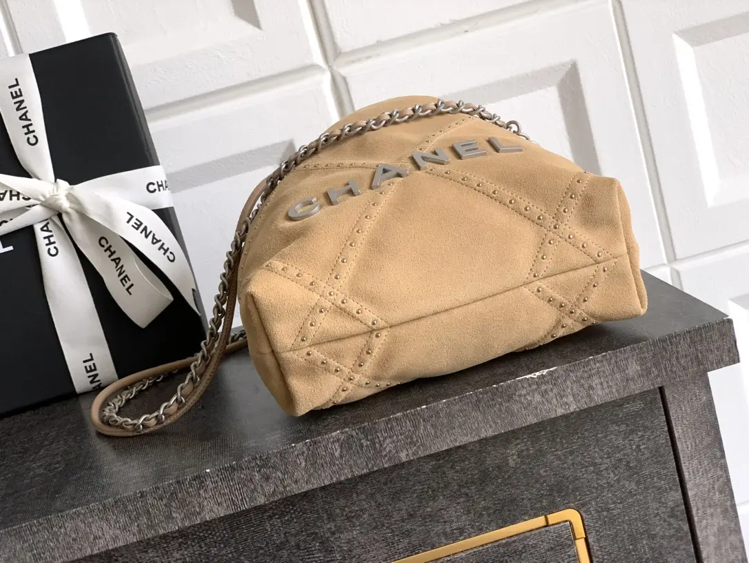 Chanel Small 22 Bag Suede with Studs Brown