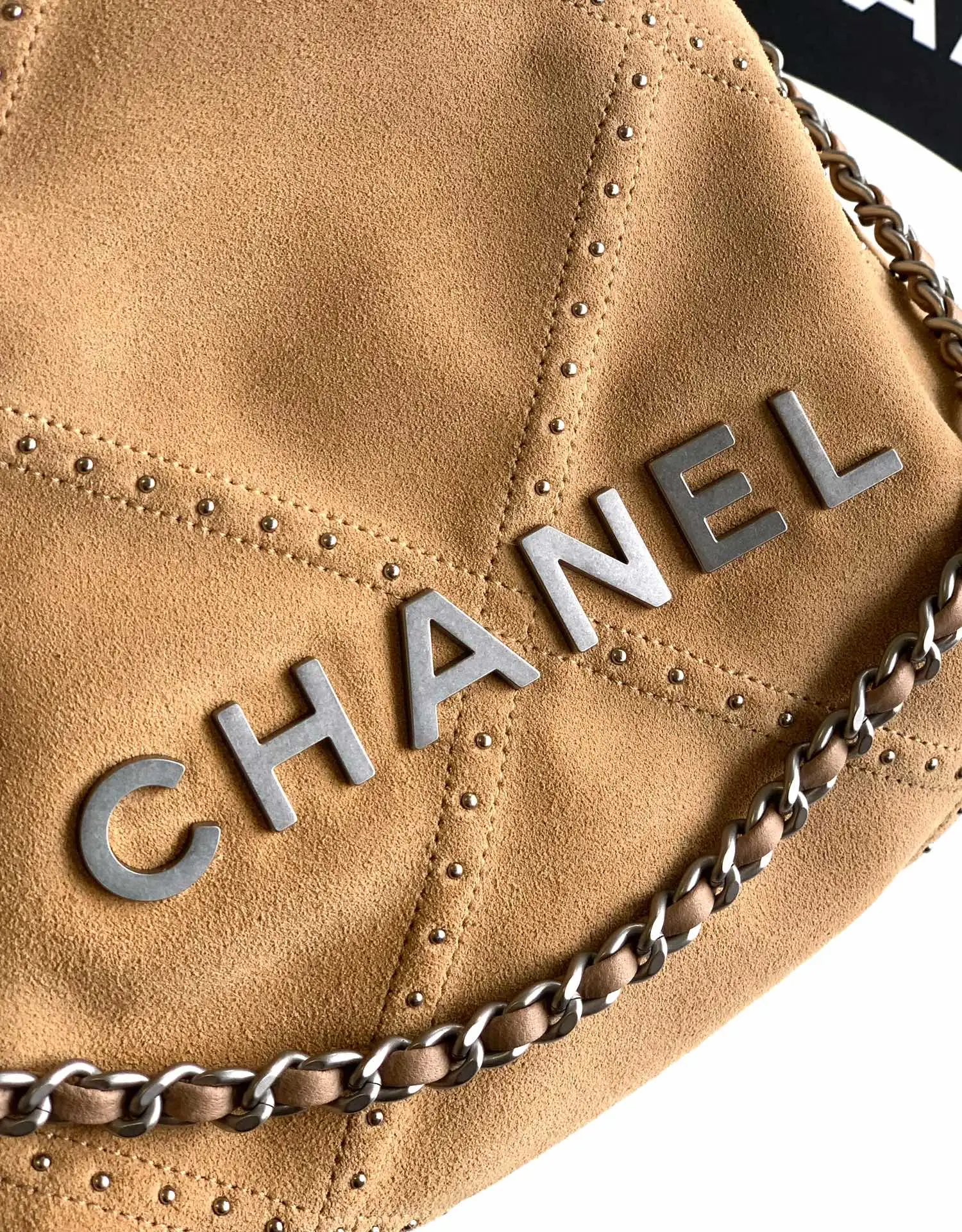 Chanel Small 22 Bag Suede with Studs Brown