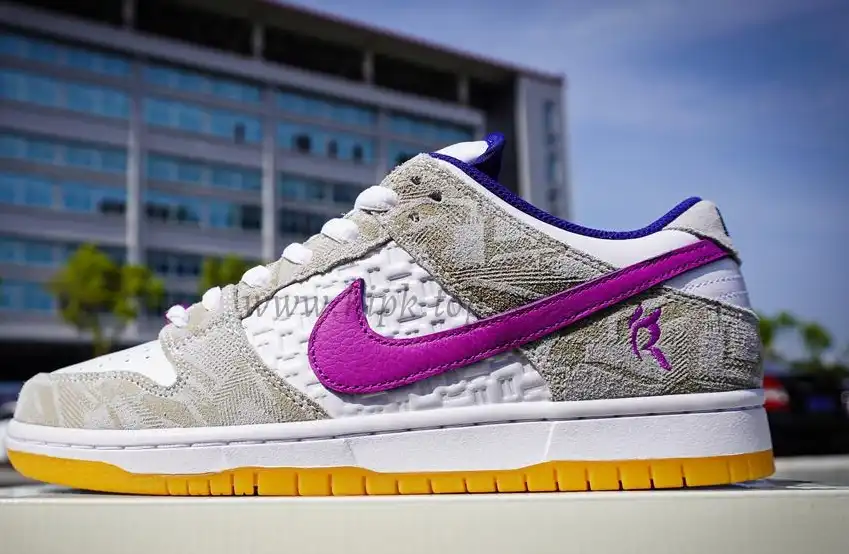 PK God Rayssa Leal x Nike SB Dunk Low Pure Platinum and Vivid Purple retail materials ready to ship