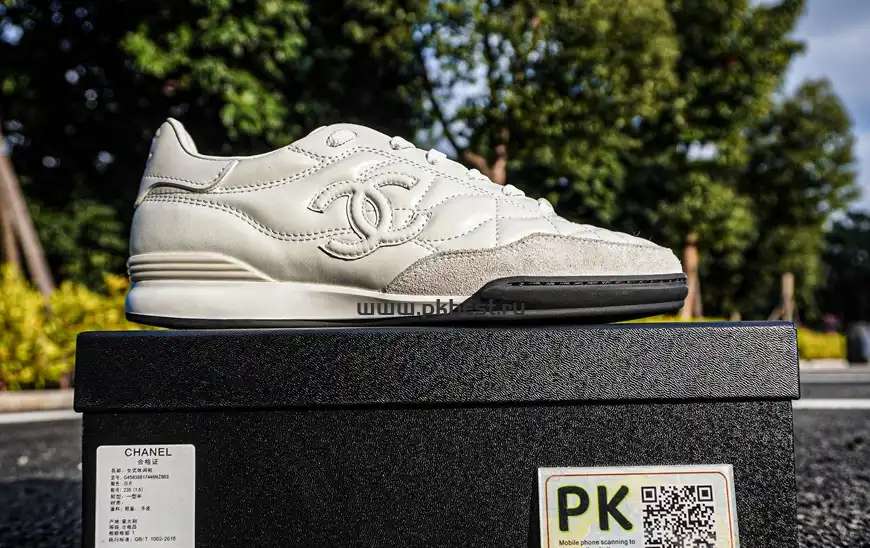 PK GOD CHANEL Shiny Calfskin Suede Quilted CC Logo Sneakers White RETAIL MATERIALS READY TO SHIP