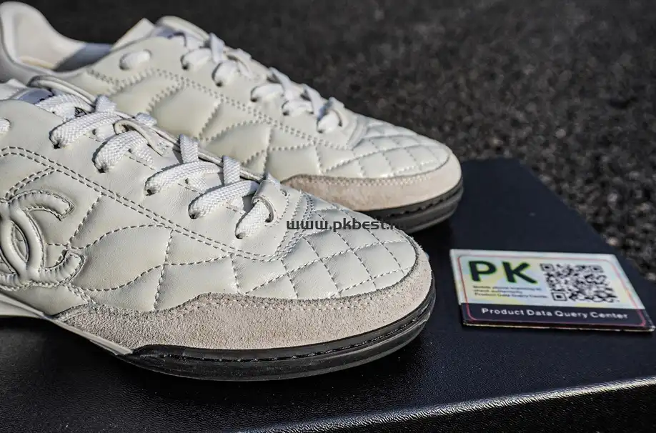 PK GOD CHANEL Shiny Calfskin Suede Quilted CC Logo Sneakers White RETAIL MATERIALS READY TO SHIP