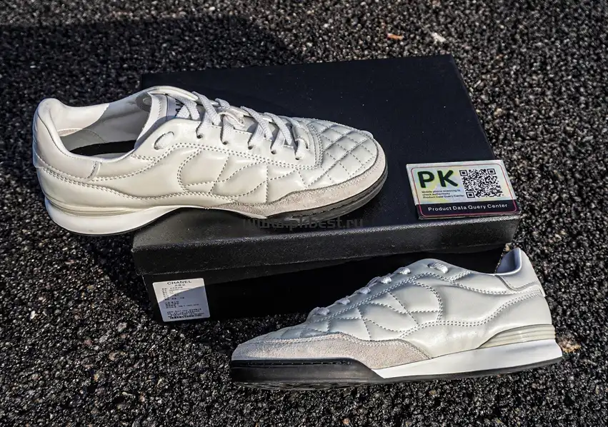 PK GOD CHANEL Shiny Calfskin Suede Quilted CC Logo Sneakers White RETAIL MATERIALS READY TO SHIP