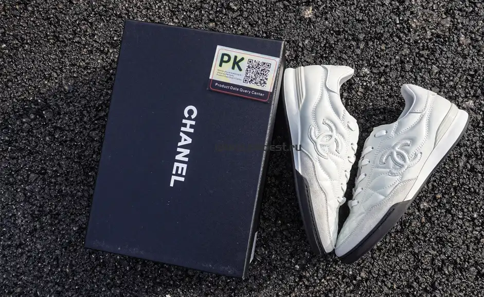 PK GOD CHANEL Shiny Calfskin Suede Quilted CC Logo Sneakers White RETAIL MATERIALS READY TO SHIP