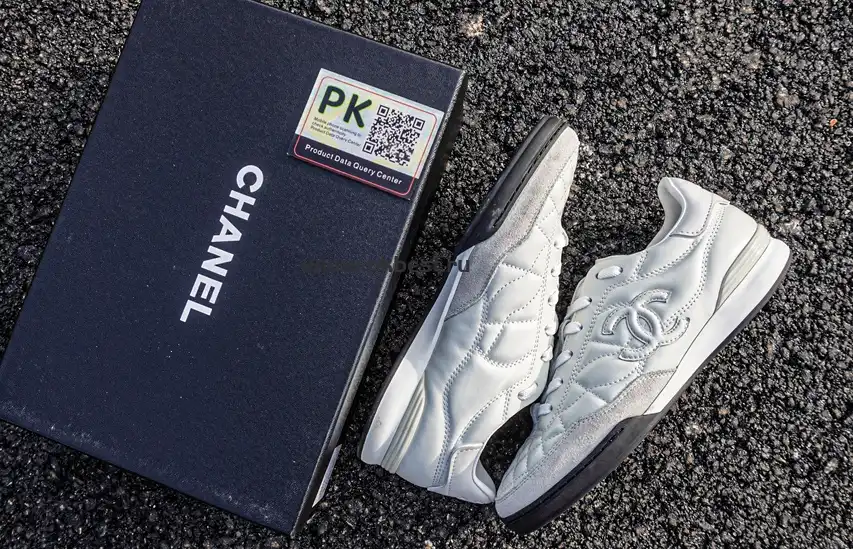 PK GOD CHANEL Shiny Calfskin Suede Quilted CC Logo Sneakers White RETAIL MATERIALS READY TO SHIP