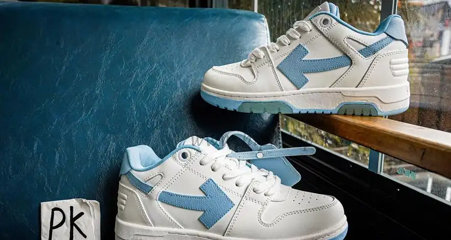 PK GOD OFF-WHITE OOO Low Out Of Office Calf Leather White Light Blue RETAIL MATERIALS READY TO SHIP