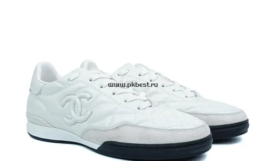 PK GOD CHANEL Shiny Calfskin Suede Quilted CC Logo Sneakers White RETAIL MATERIALS READY TO SHIP