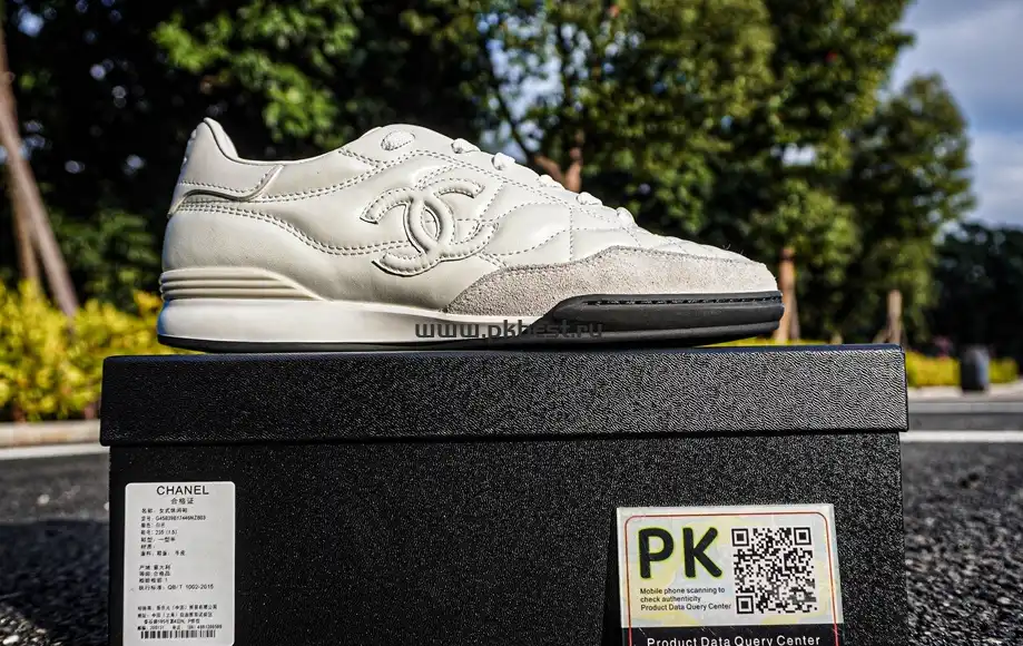 PK GOD CHANEL Shiny Calfskin Suede Quilted CC Logo Sneakers White RETAIL MATERIALS READY TO SHIP