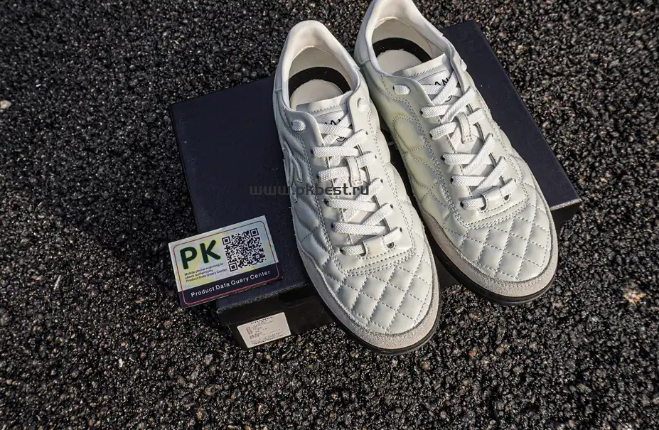 PK GOD CHANEL Shiny Calfskin Suede Quilted CC Logo Sneakers White RETAIL MATERIALS READY TO SHIP