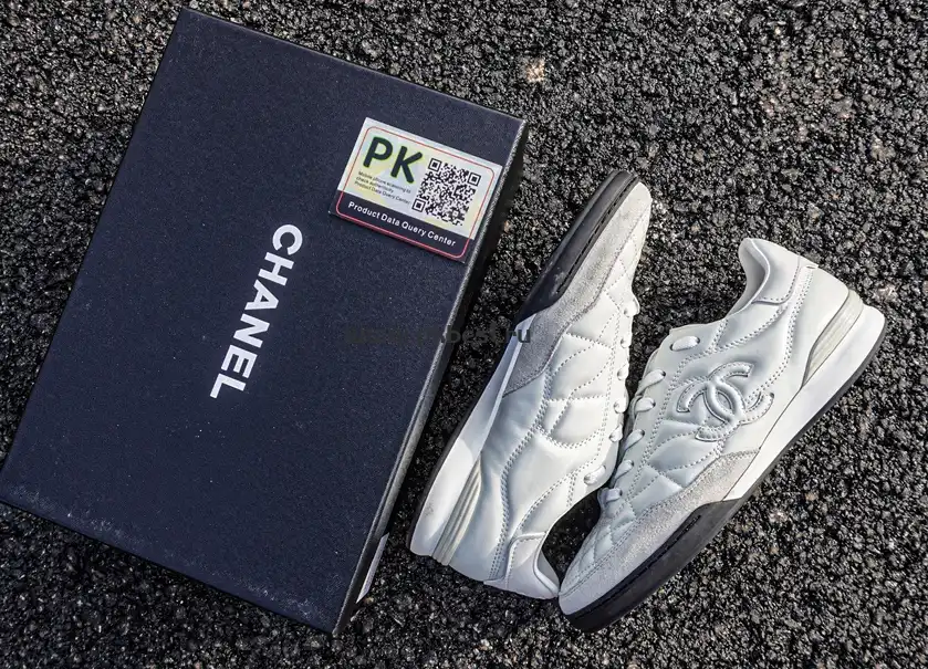 PK GOD CHANEL Shiny Calfskin Suede Quilted CC Logo Sneakers White RETAIL MATERIALS READY TO SHIP