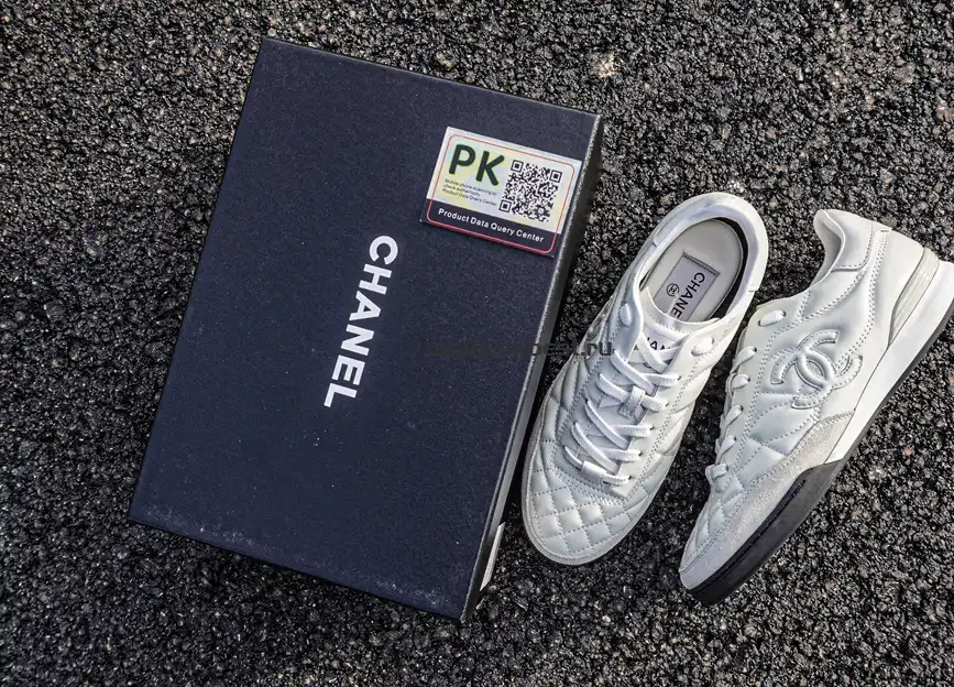 PK GOD CHANEL Shiny Calfskin Suede Quilted CC Logo Sneakers White RETAIL MATERIALS READY TO SHIP