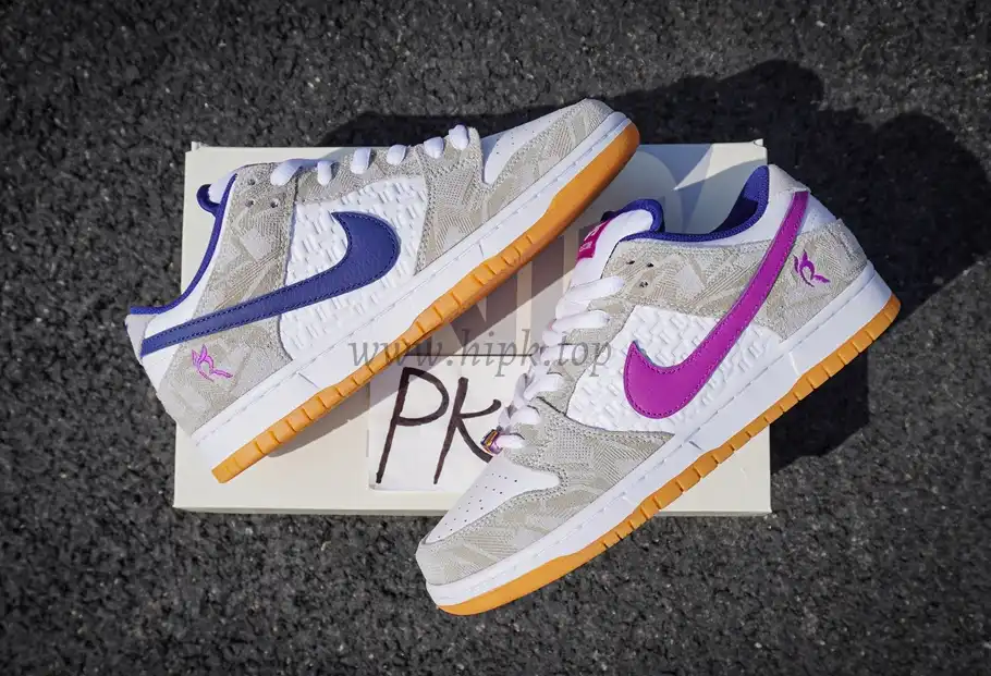 PK God Rayssa Leal x Nike SB Dunk Low Pure Platinum and Vivid Purple retail materials ready to ship