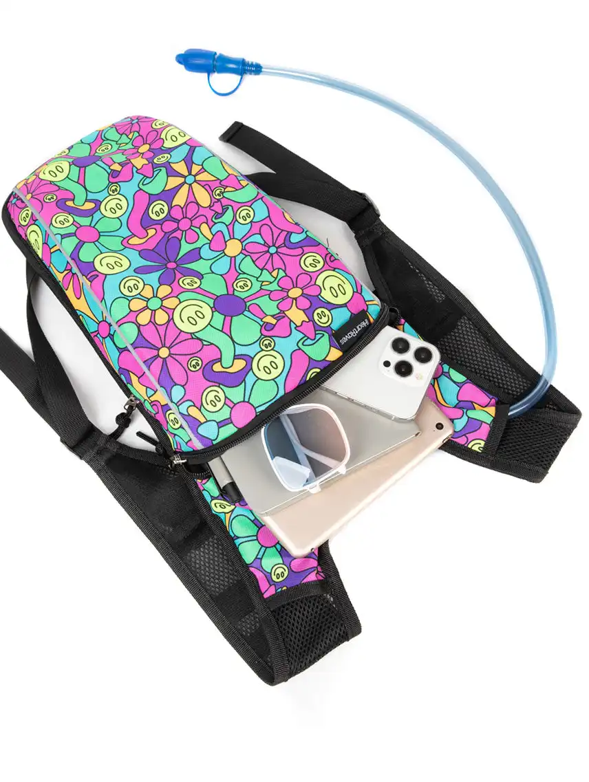 K Psychedelic Smiley UV Reactive Hydration Pack with Back Pocket for Anti-Theft