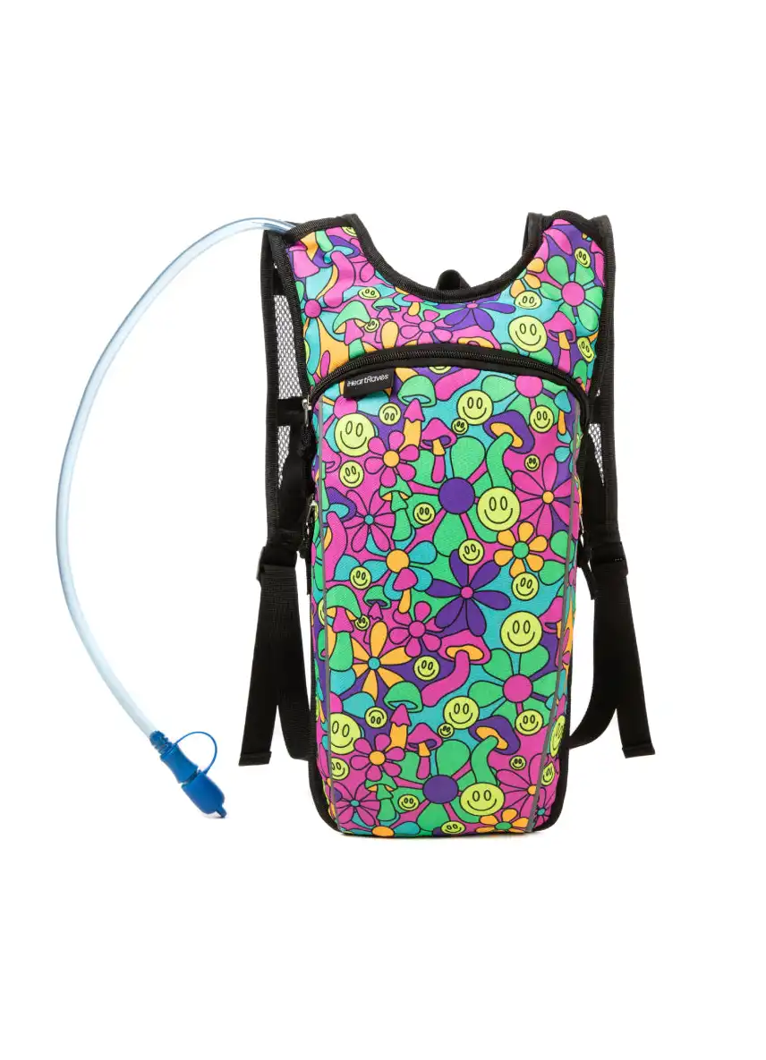 K Psychedelic Smiley UV Reactive Hydration Pack with Back Pocket for Anti-Theft