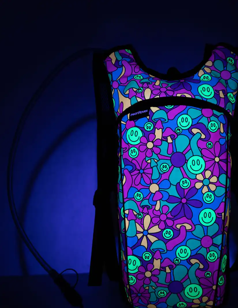 K Psychedelic Smiley UV Reactive Hydration Pack with Back Pocket for Anti-Theft