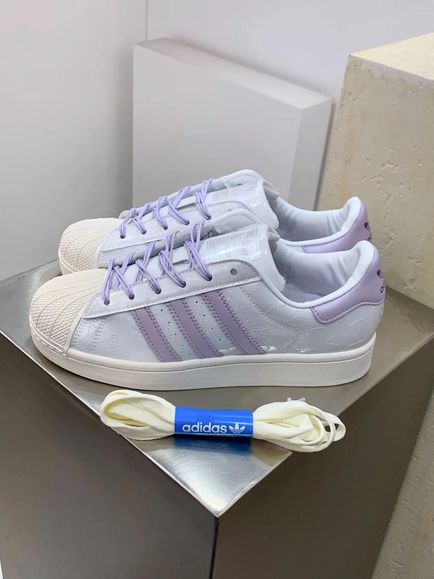 SoftTouch Adidas Originals Superstar White Purple Low Top Replica Shoes 527