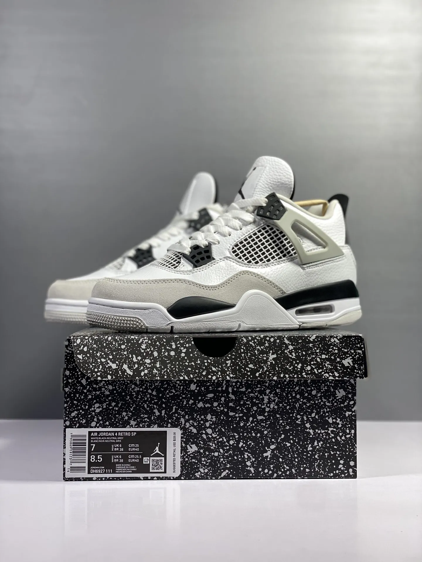 Durable Air Jordan 4 Retro ‘White Cement’ – Grey White Black, Panda Style, High Quality Rep Shoes, Authentic Nike Replica Design, Multiple Sizes Available 1163