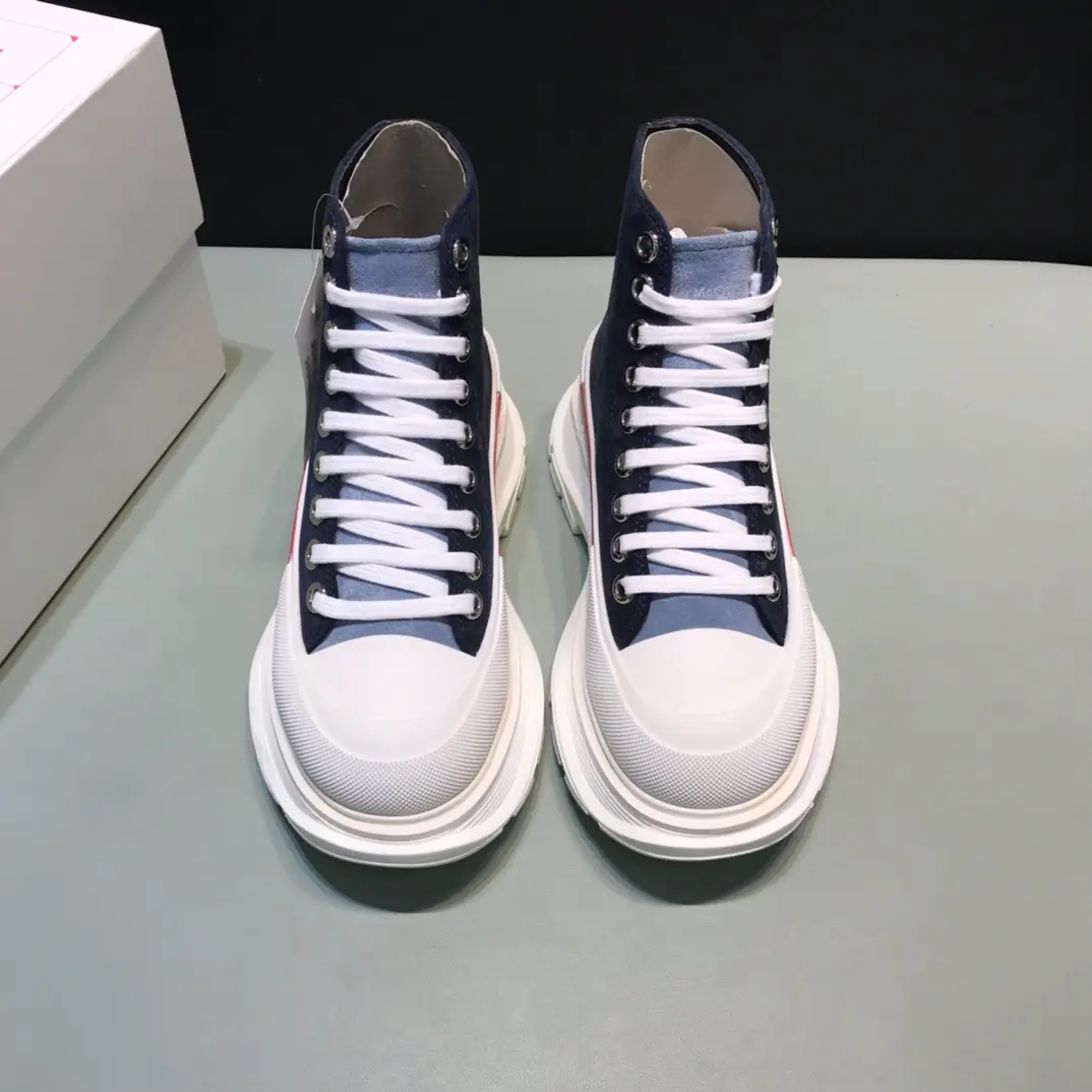 Alexander McQueen Tread Slick  Boots – Navy Blue and White High-Top Rep Shoes with Replica Alexander McQueen Design AllSeason 10