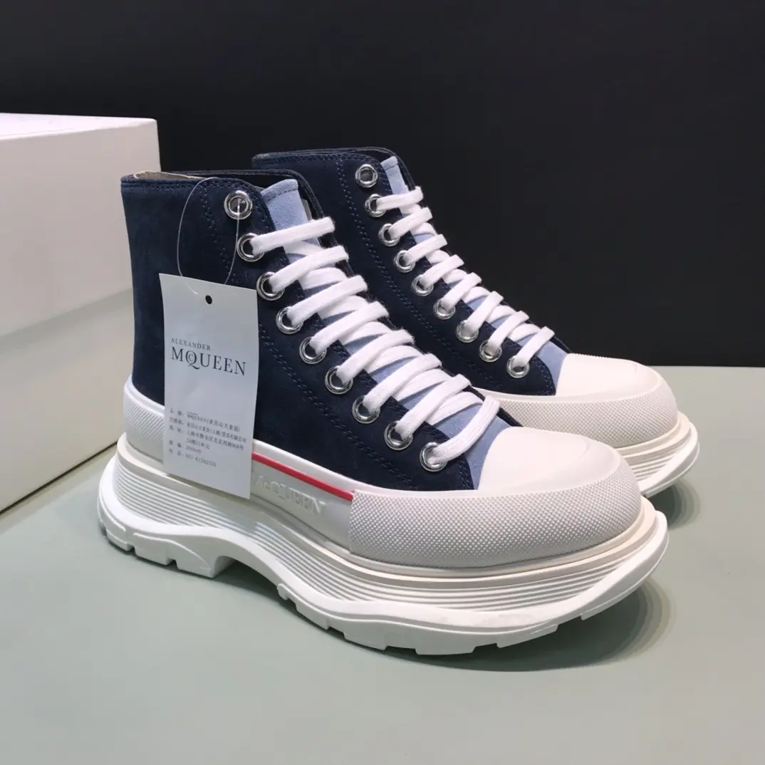 Alexander McQueen Tread Slick  Boots – Navy Blue and White High-Top Rep Shoes with Replica Alexander McQueen Design AllSeason 10
