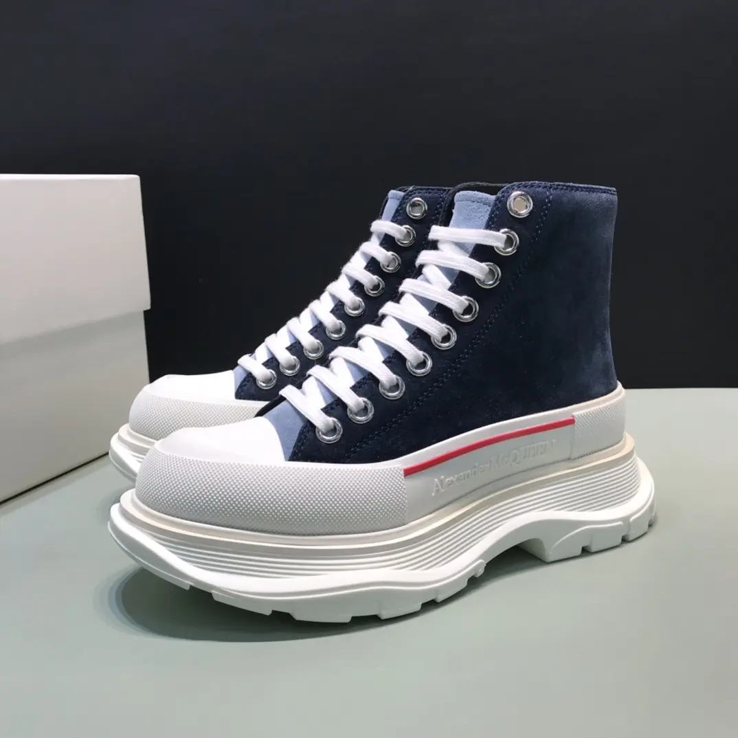 Alexander McQueen Tread Slick  Boots – Navy Blue and White High-Top Rep Shoes with Replica Alexander McQueen Design AllSeason 10