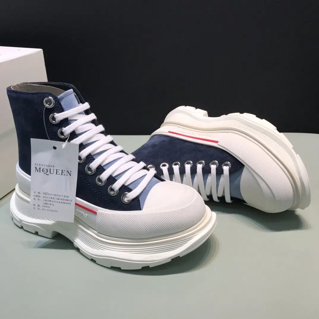 Alexander McQueen Tread Slick  Boots – Navy Blue and White High-Top Rep Shoes with Replica Alexander McQueen Design AllSeason 10