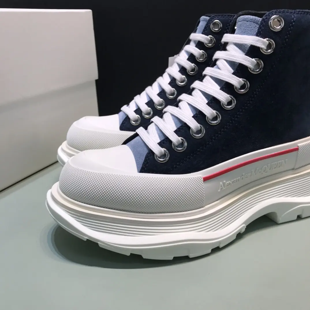 Alexander McQueen Tread Slick  Boots – Navy Blue and White High-Top Rep Shoes with Replica Alexander McQueen Design AllSeason 10