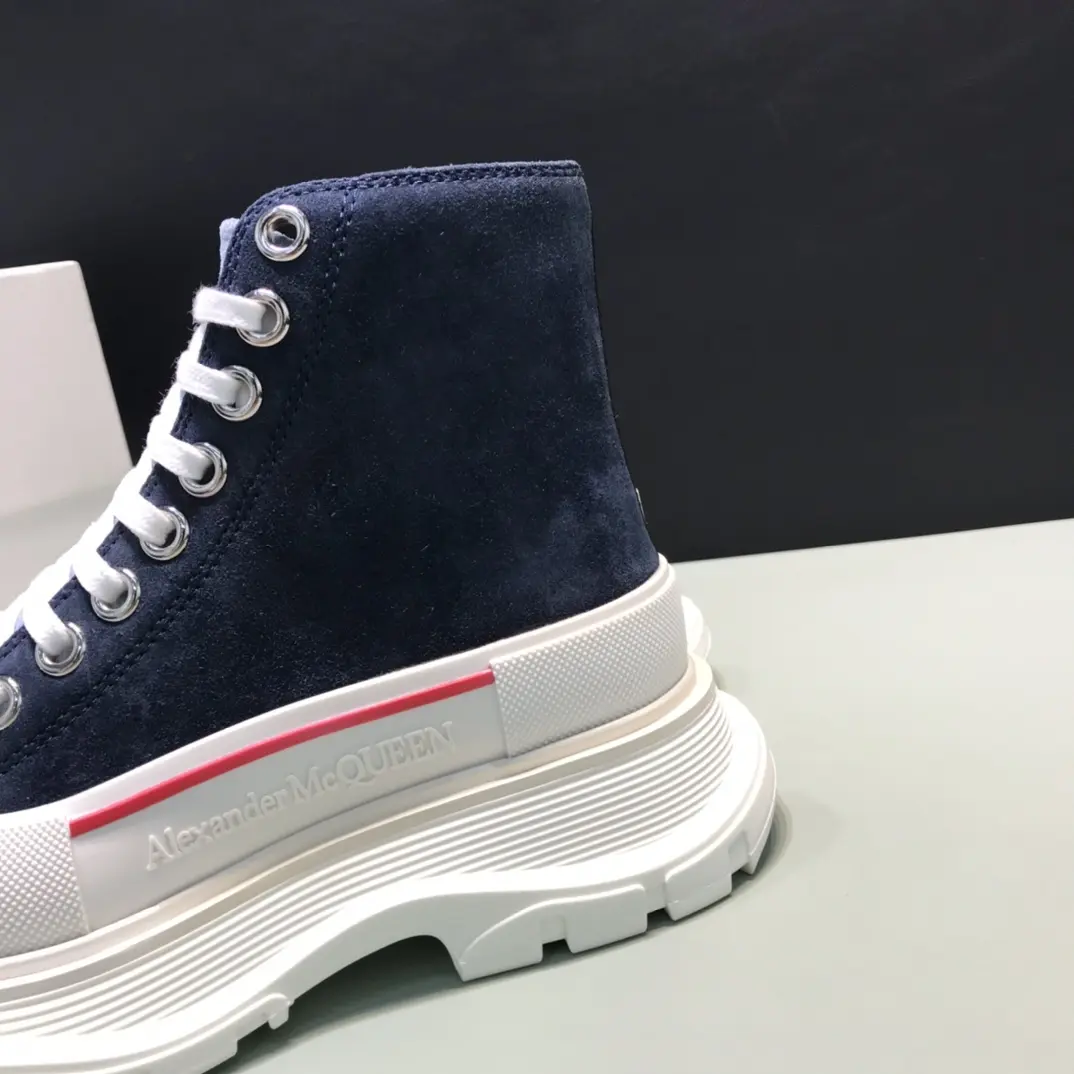 Alexander McQueen Tread Slick  Boots – Navy Blue and White High-Top Rep Shoes with Replica Alexander McQueen Design AllSeason 10