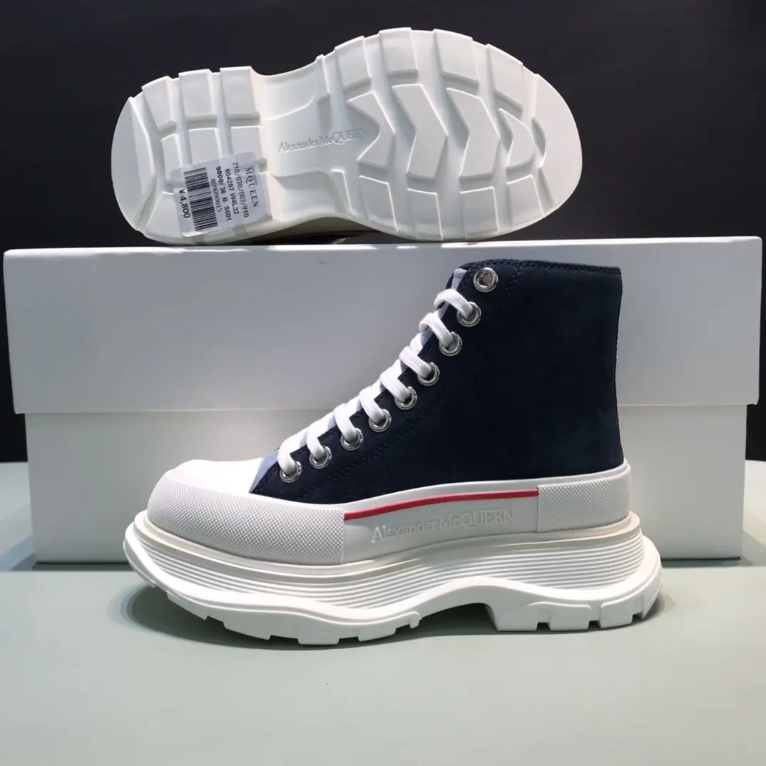 Alexander McQueen Tread Slick  Boots – Navy Blue and White High-Top Rep Shoes with Replica Alexander McQueen Design AllSeason 10