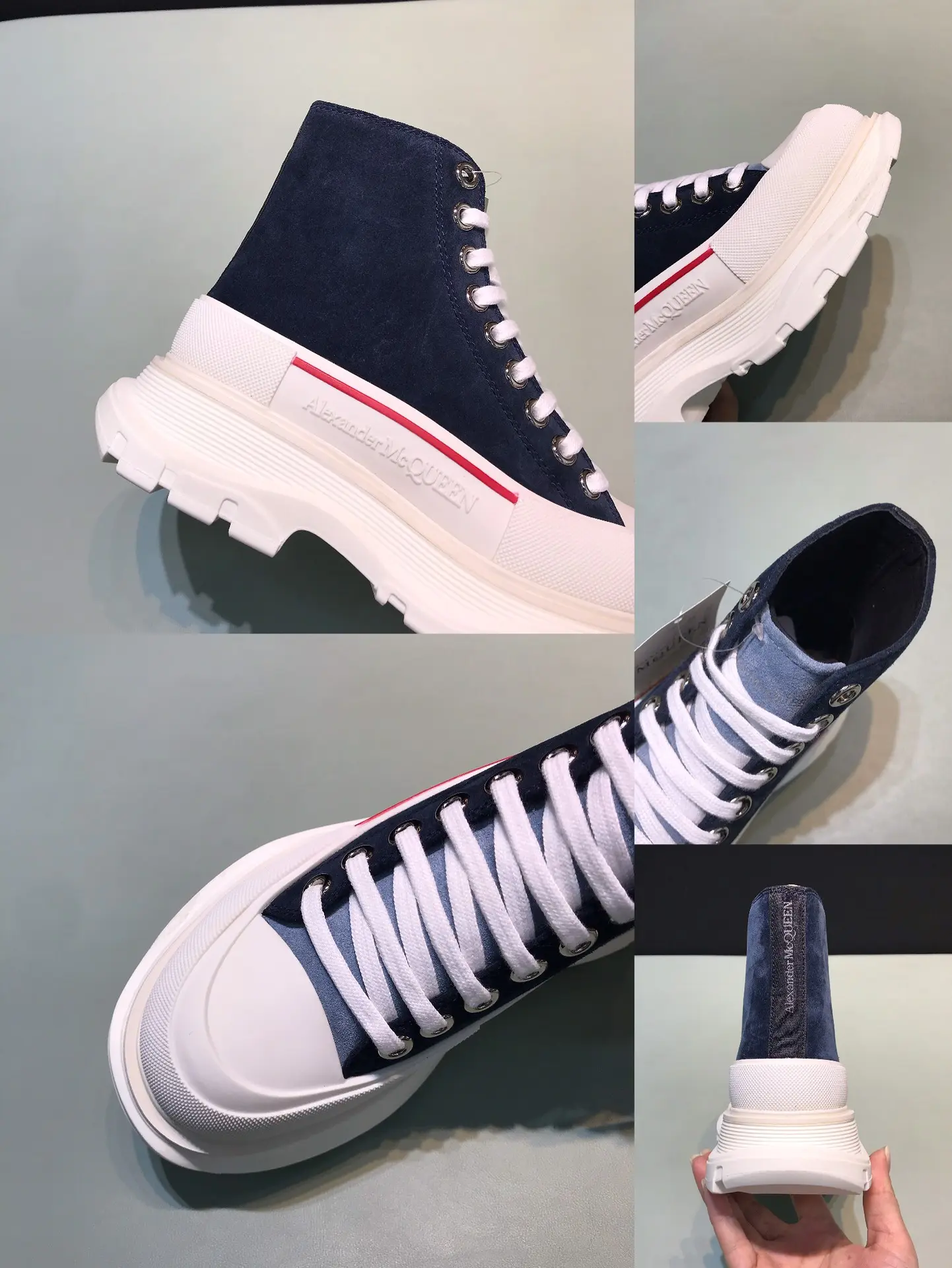 Alexander McQueen Tread Slick  Boots – Navy Blue and White High-Top Rep Shoes with Replica Alexander McQueen Design AllSeason 10