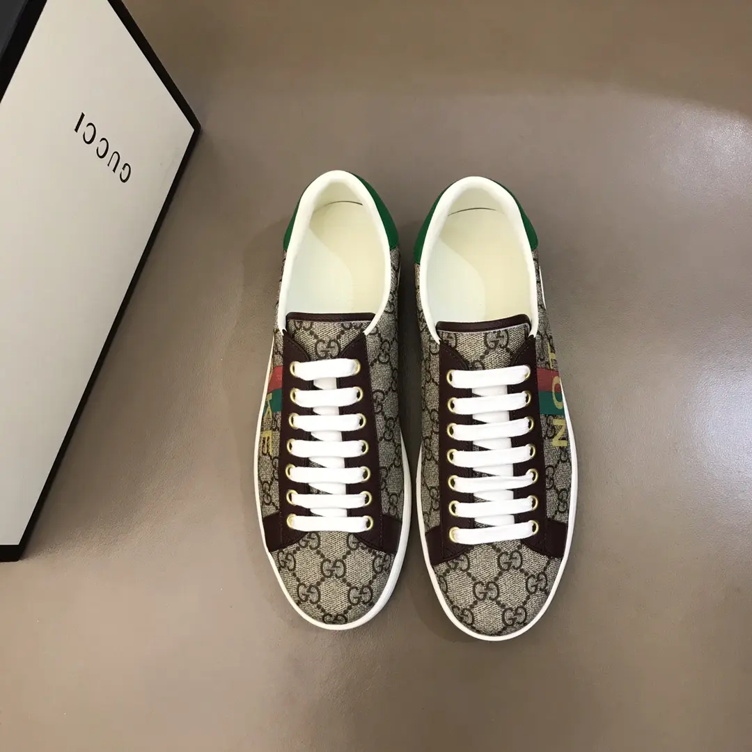 Seasonal G House 2020 Ace  Sneakers – Beige with Brown Leather Trim, Unisex High Quality Rep Shoes with Gucci Replica Design 872