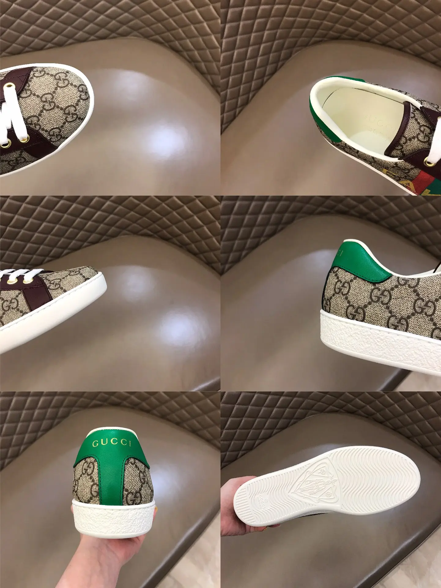 Seasonal G House 2020 Ace  Sneakers – Beige with Brown Leather Trim, Unisex High Quality Rep Shoes with Gucci Replica Design 872