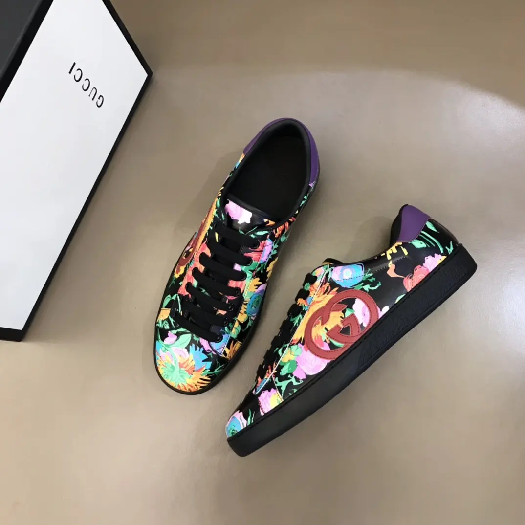 G House Ace Series Women’s Sneakers – Black with Floral Print, Lace-Up Style, High Quality Replica Design with Gucci-Inspired Look Original 839