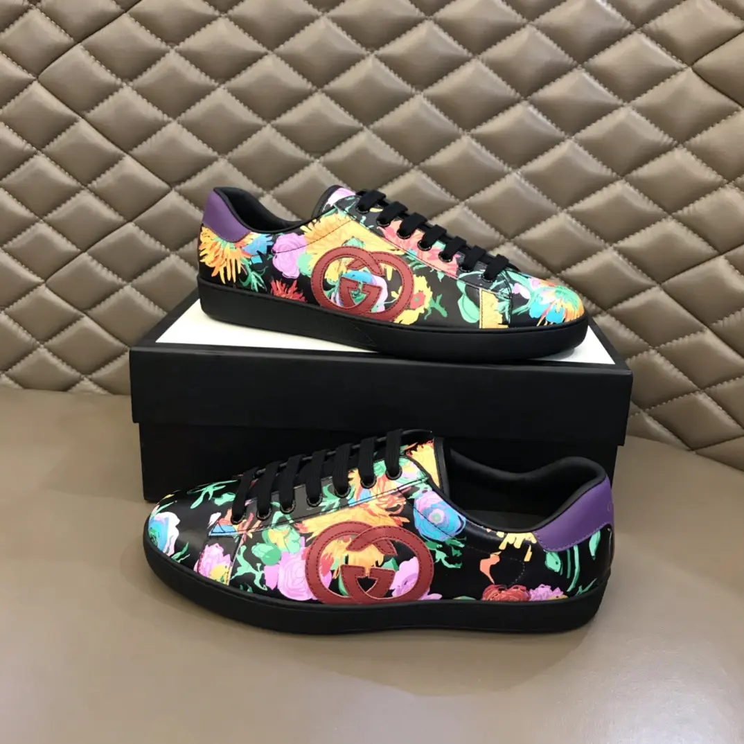 G House Ace Series Women’s Sneakers – Black with Floral Print, Lace-Up Style, High Quality Replica Design with Gucci-Inspired Look Original 839