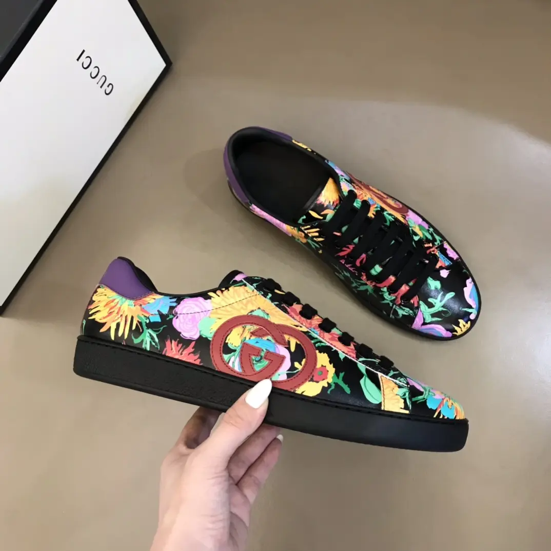 G House Ace Series Women’s Sneakers – Black with Floral Print, Lace-Up Style, High Quality Replica Design with Gucci-Inspired Look Original 839