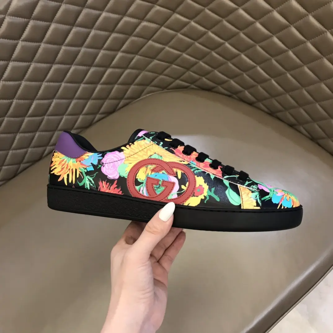 G House Ace Series Women’s Sneakers – Black with Floral Print, Lace-Up Style, High Quality Replica Design with Gucci-Inspired Look Original 839