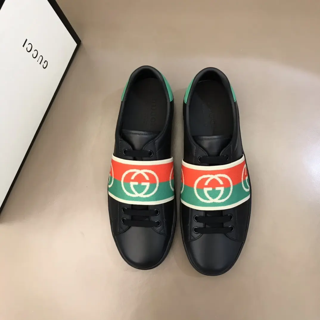 G House  White Sneakers – Black with Green and Red Stripes, Unisex Style, High Quality Rep Shoes with Gucci Replica Design Breathable 840