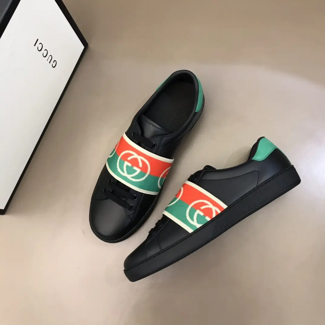 G House  White Sneakers – Black with Green and Red Stripes, Unisex Style, High Quality Rep Shoes with Gucci Replica Design Breathable 840